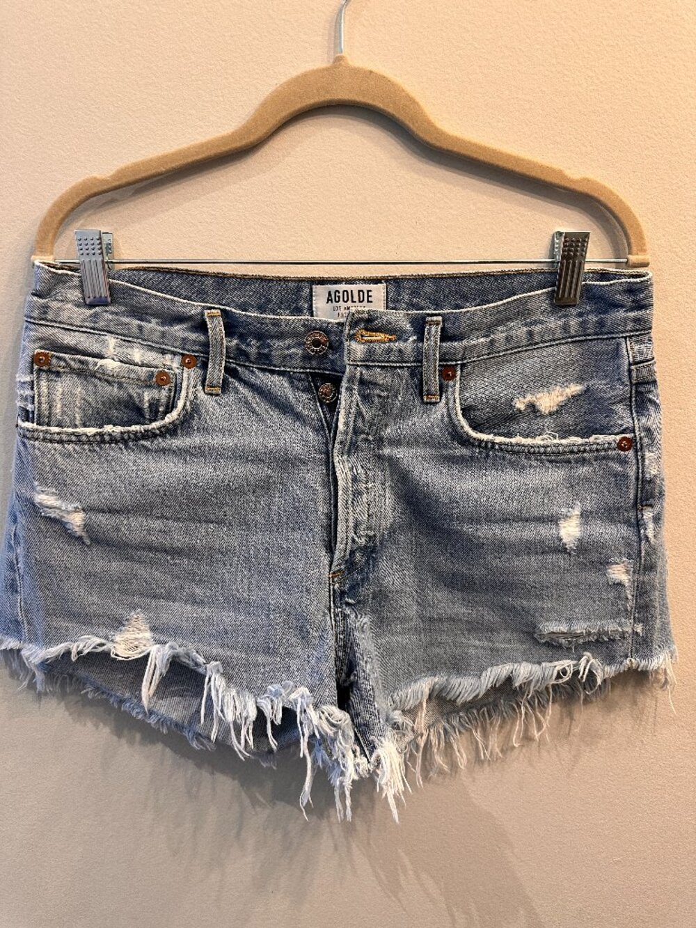 Authentic AGOLDE Parker High Rise Distressed Jean Shorts Light Wash 27W